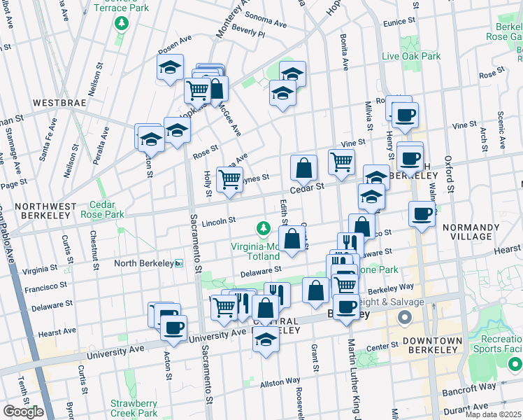 map of restaurants, bars, coffee shops, grocery stores, and more near 1641 Lincoln Street in Berkeley