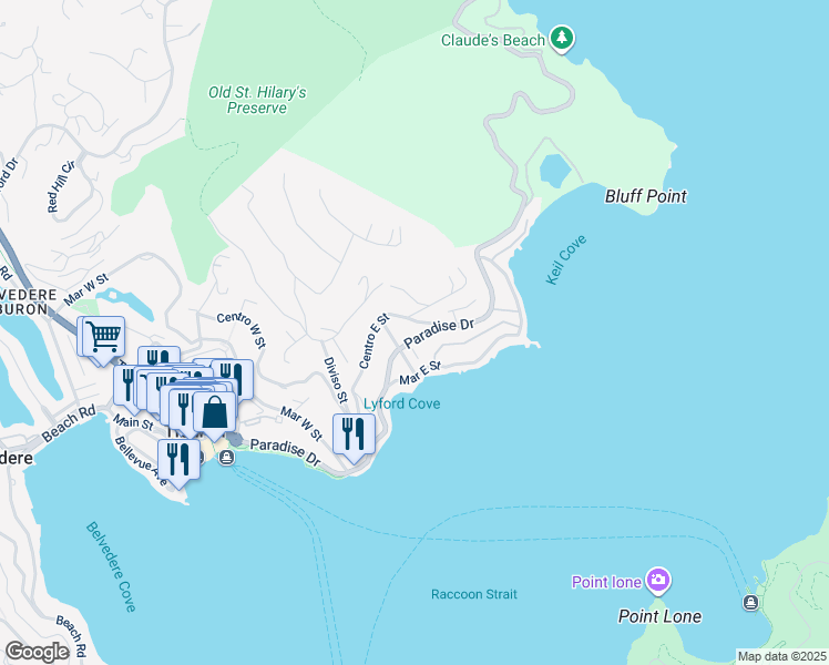 map of restaurants, bars, coffee shops, grocery stores, and more near 2265 Paradise Drive in Tiburon