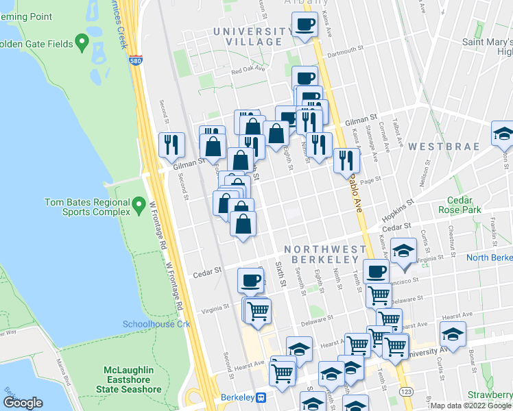 map of restaurants, bars, coffee shops, grocery stores, and more near 825 Page Street in Berkeley