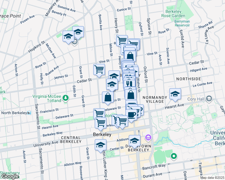 map of restaurants, bars, coffee shops, grocery stores, and more near 1642 Milvia Street in Berkeley