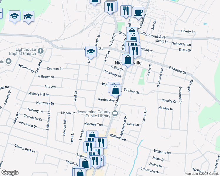 map of restaurants, bars, coffee shops, grocery stores, and more near 108 West Brown Street in Nicholasville