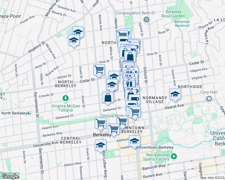 map of restaurants, bars, coffee shops, grocery stores, and more near 1642 Milvia Street in Berkeley