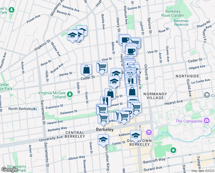 map of restaurants, bars, coffee shops, grocery stores, and more near 1636 Bonita Avenue in Berkeley