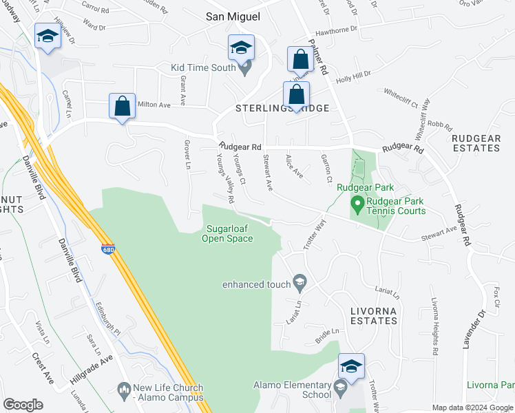 map of restaurants, bars, coffee shops, grocery stores, and more near 2161 Youngs Court in Walnut Creek