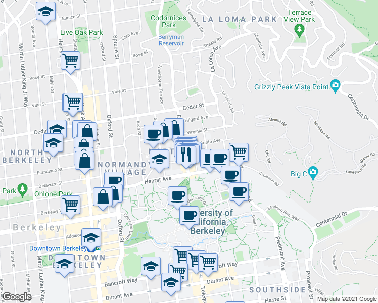 map of restaurants, bars, coffee shops, grocery stores, and more near 1777 Euclid Avenue in Berkeley