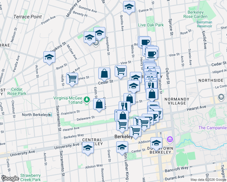 map of restaurants, bars, coffee shops, grocery stores, and more near in Berkeley