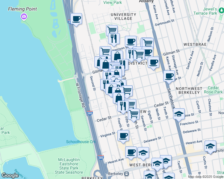 map of restaurants, bars, coffee shops, grocery stores, and more near 1417 Fourth Street in Berkeley