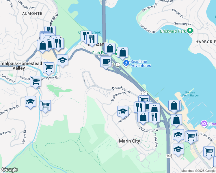 map of restaurants, bars, coffee shops, grocery stores, and more near in Tamalpais-Homestead Valley