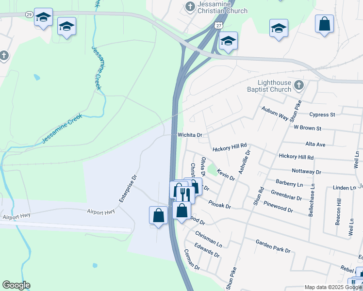 map of restaurants, bars, coffee shops, grocery stores, and more near 1106 Pinoak Drive in Nicholasville
