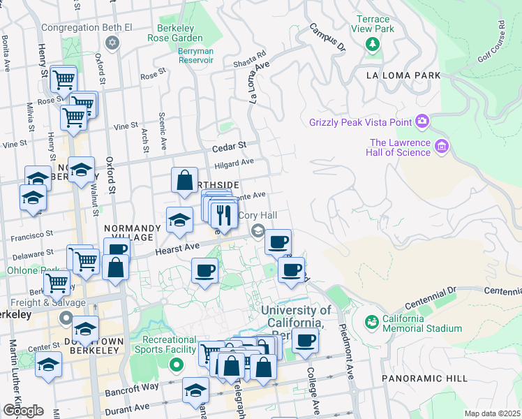 map of restaurants, bars, coffee shops, grocery stores, and more near 2621 Ridge Road in Berkeley