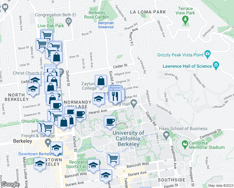 map of restaurants, bars, coffee shops, grocery stores, and more near 1777 Euclid Avenue in Berkeley