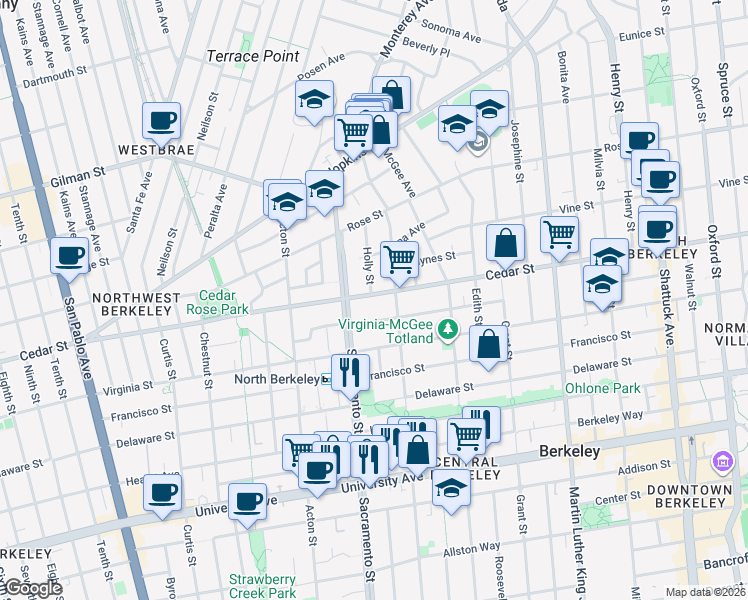 map of restaurants, bars, coffee shops, grocery stores, and more near 1522 Cedar Street in Berkeley