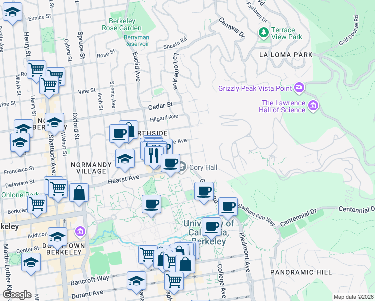 map of restaurants, bars, coffee shops, grocery stores, and more near 1770 La Loma Avenue in Berkeley