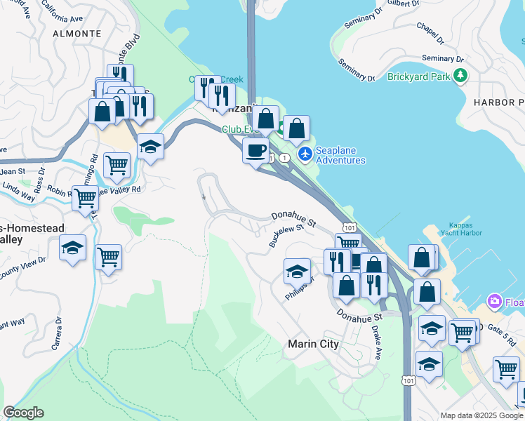 map of restaurants, bars, coffee shops, grocery stores, and more near 308 Donahue Street in Sausalito