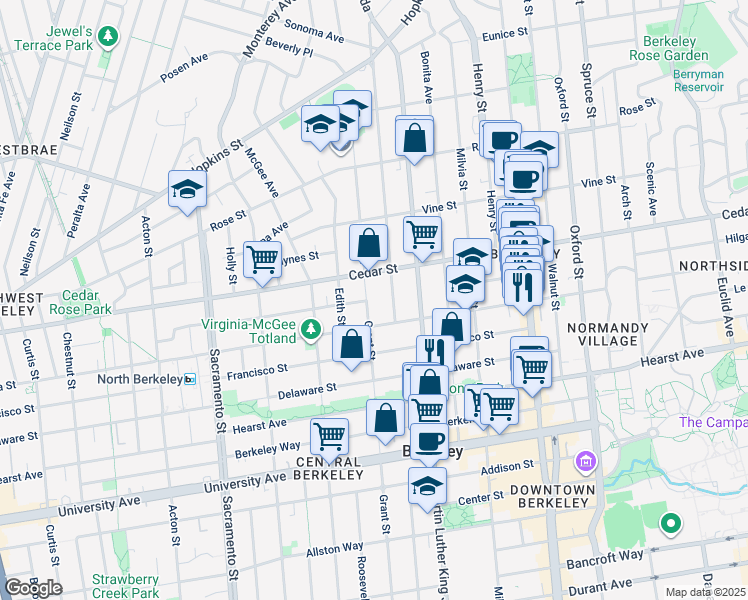 map of restaurants, bars, coffee shops, grocery stores, and more near 1627 Grant Street in Berkeley
