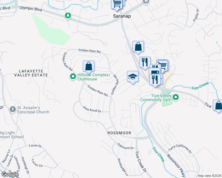 map of restaurants, bars, coffee shops, grocery stores, and more near 1841 Golden Rain Road in Walnut Creek