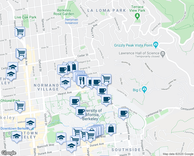 map of restaurants, bars, coffee shops, grocery stores, and more near 2625 Ridge Road in Berkeley