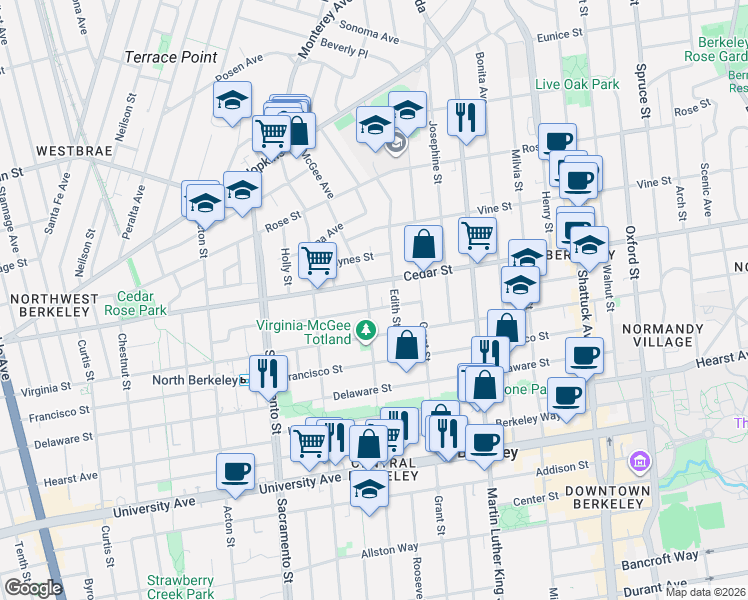 map of restaurants, bars, coffee shops, grocery stores, and more near 1641 Lincoln Street in Berkeley