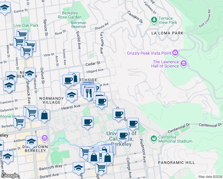 map of restaurants, bars, coffee shops, grocery stores, and more near 2625 Ridge Road in Berkeley