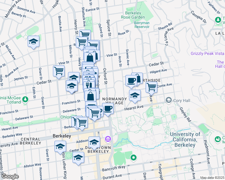 map of restaurants, bars, coffee shops, grocery stores, and more near 1717 Oxford Street in Berkeley