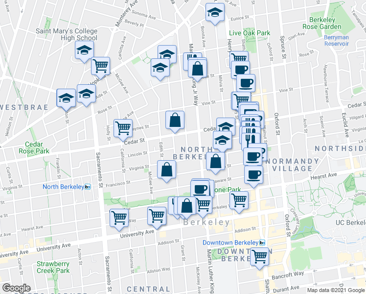 map of restaurants, bars, coffee shops, grocery stores, and more near 1629 Grant Street in Berkeley