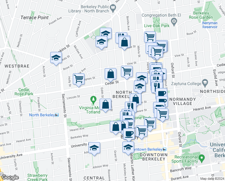 map of restaurants, bars, coffee shops, grocery stores, and more near 1629 Grant Street in Berkeley