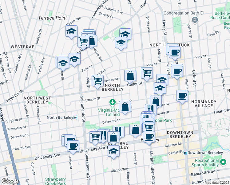 map of restaurants, bars, coffee shops, grocery stores, and more near 1641 Lincoln Street in Berkeley