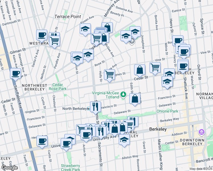 map of restaurants, bars, coffee shops, grocery stores, and more near 1522 Cedar Street in Berkeley