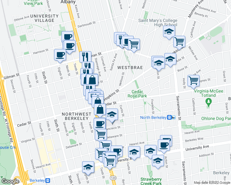 map of restaurants, bars, coffee shops, grocery stores, and more near 1224 Rose Street in Berkeley