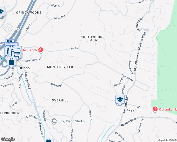 map of restaurants, bars, coffee shops, grocery stores, and more near 5 Broadview Terrace in Orinda