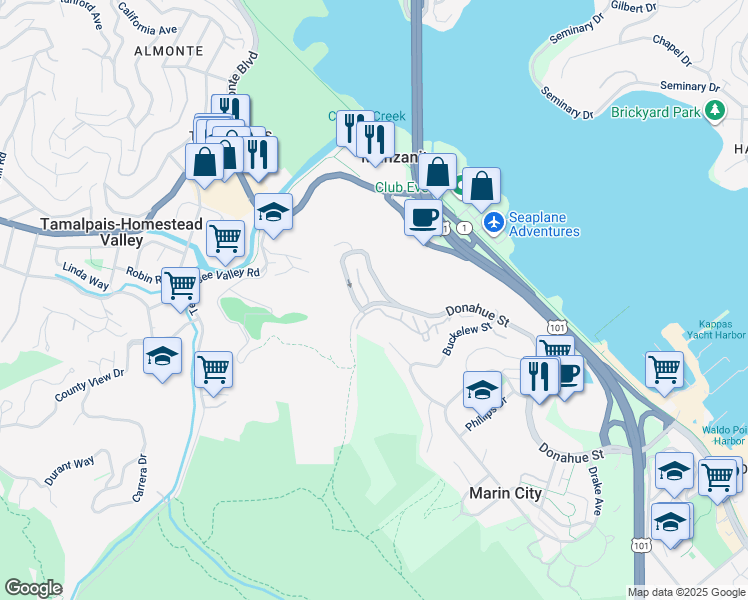 map of restaurants, bars, coffee shops, grocery stores, and more near 278 Headlands Court in Sausalito