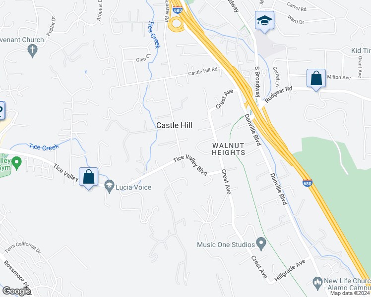 map of restaurants, bars, coffee shops, grocery stores, and more near 2420 Tice Valley Boulevard in Walnut Creek
