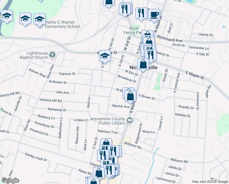 map of restaurants, bars, coffee shops, grocery stores, and more near 120 West Brown Street in Nicholasville