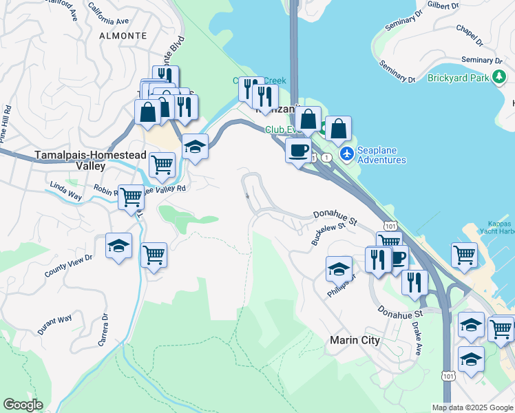map of restaurants, bars, coffee shops, grocery stores, and more near 155 Headlands Court in Sausalito