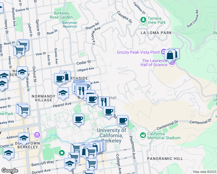 map of restaurants, bars, coffee shops, grocery stores, and more near 1771 Highland Place in Berkeley