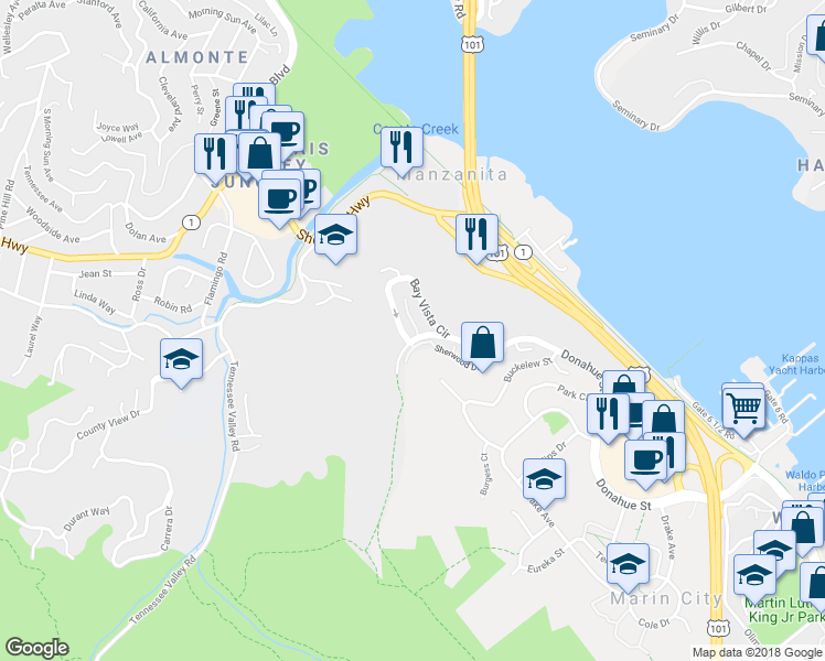 map of restaurants, bars, coffee shops, grocery stores, and more near 155 Headlands Court in Sausalito