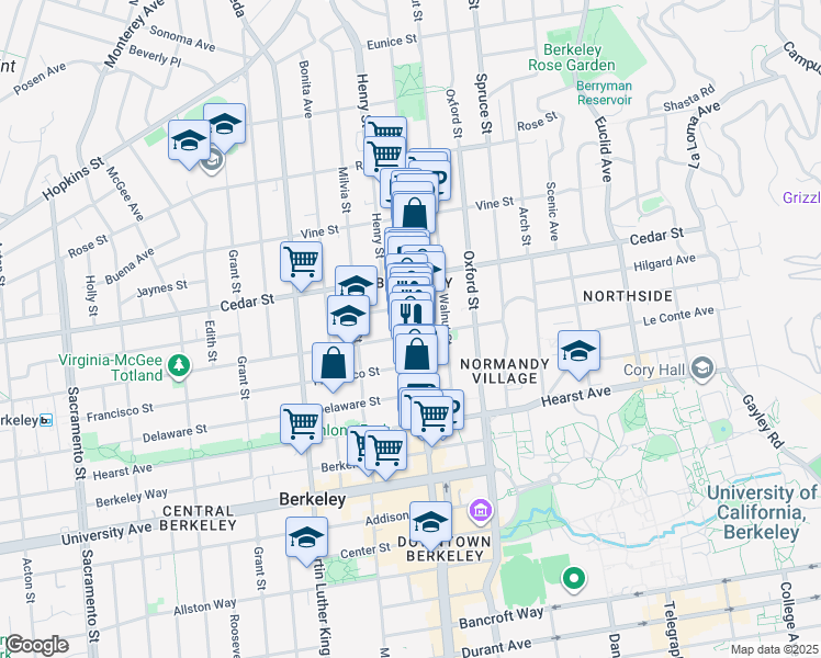map of restaurants, bars, coffee shops, grocery stores, and more near 1690 Shattuck Avenue in Berkeley