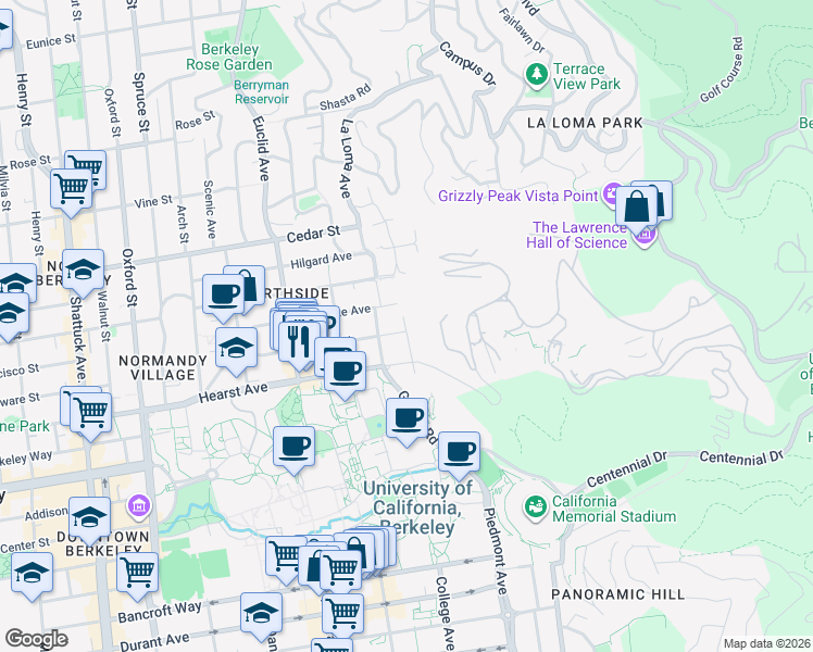 map of restaurants, bars, coffee shops, grocery stores, and more near 1800 Highland Place in Berkeley