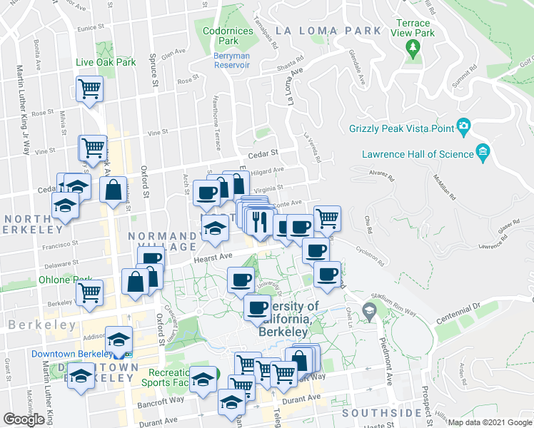 map of restaurants, bars, coffee shops, grocery stores, and more near 2535 Ridge Road in Berkeley