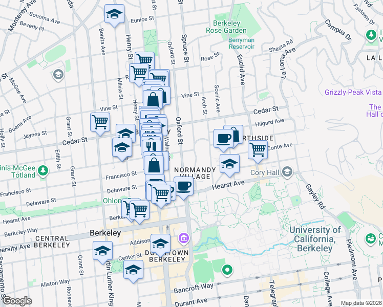 map of restaurants, bars, coffee shops, grocery stores, and more near 1717 Oxford Street in Berkeley