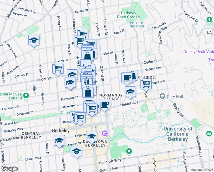 map of restaurants, bars, coffee shops, grocery stores, and more near 1717 Oxford Street in Berkeley