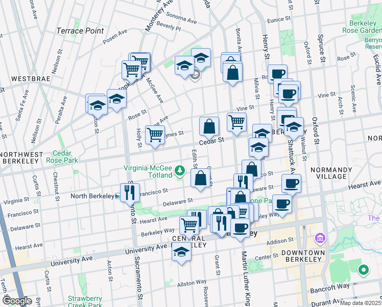 map of restaurants, bars, coffee shops, grocery stores, and more near 1721 Lincoln Street in Berkeley