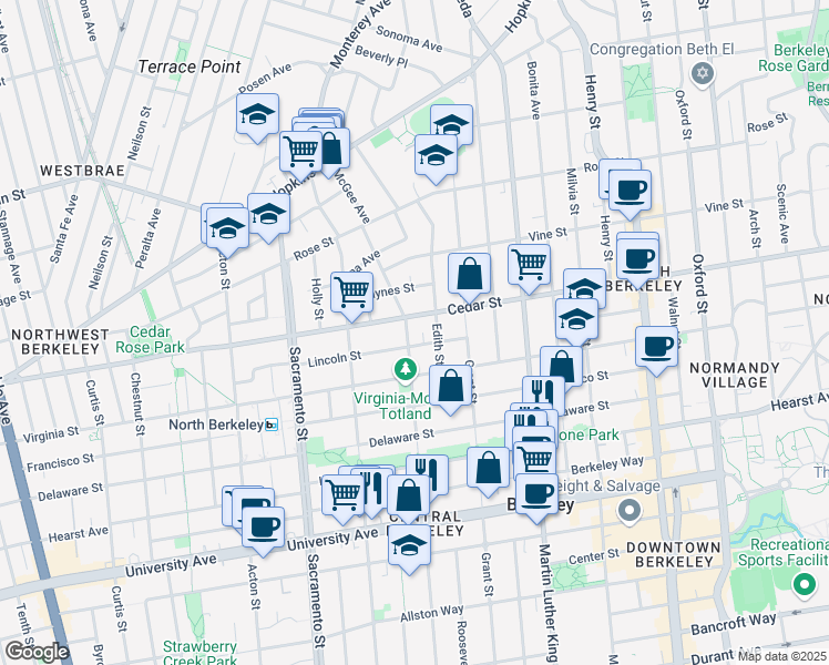 map of restaurants, bars, coffee shops, grocery stores, and more near 1641 Lincoln Street in Berkeley