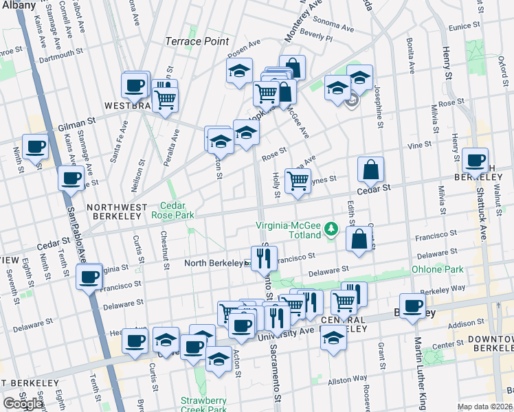 map of restaurants, bars, coffee shops, grocery stores, and more near 1600 Sacramento Street in Berkeley
