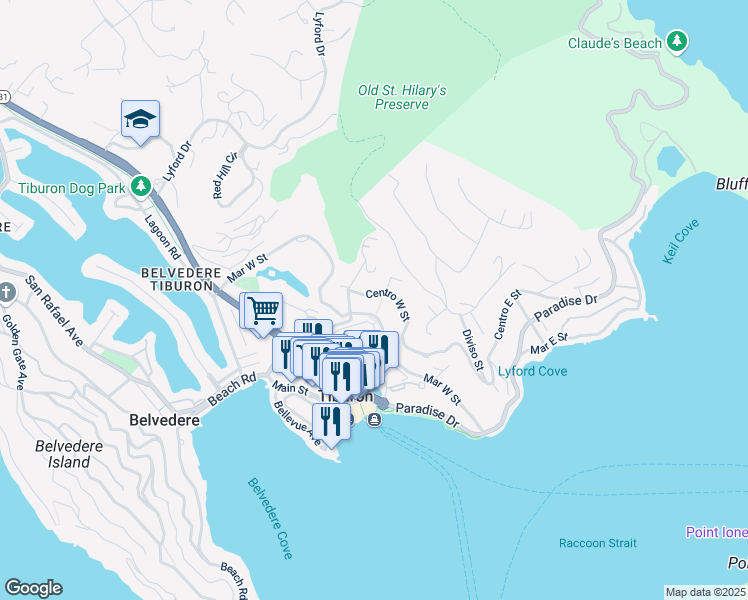 map of restaurants, bars, coffee shops, grocery stores, and more near 1771 Mar West Street in Tiburon