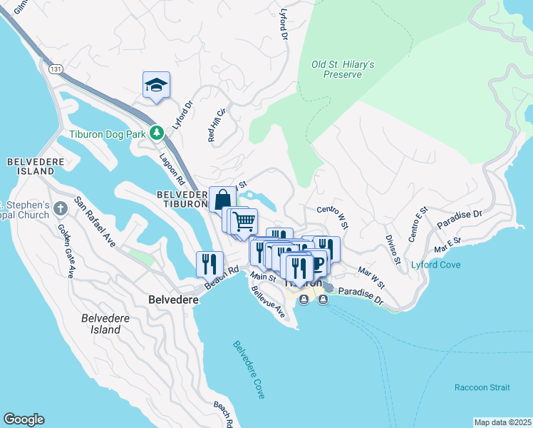 map of restaurants, bars, coffee shops, grocery stores, and more near 4 Marsh Road in Tiburon