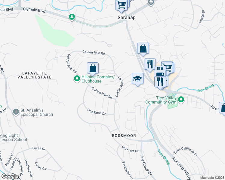 map of restaurants, bars, coffee shops, grocery stores, and more near 1841 Golden Rain Road in Walnut Creek