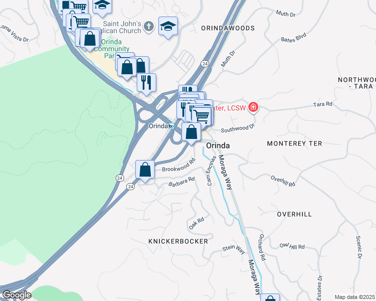 map of restaurants, bars, coffee shops, grocery stores, and more near 73 Brookwood Road in Orinda