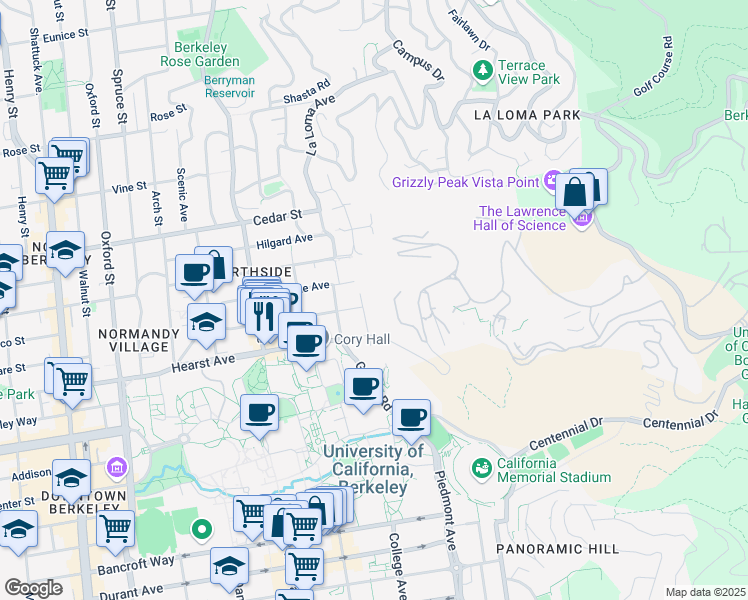 map of restaurants, bars, coffee shops, grocery stores, and more near 1735 Highland Place in Berkeley