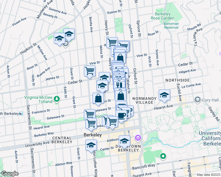 map of restaurants, bars, coffee shops, grocery stores, and more near 2015 Virginia Street in Berkeley